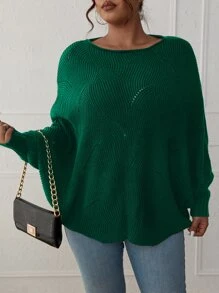 SHEIN LUNE Plus Eyelet Detail Batwing Sleeve Jumper - Dark Green - View 4