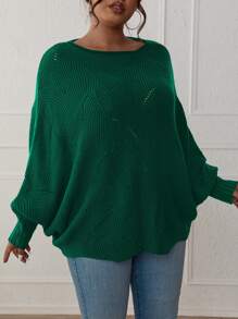 SHEIN LUNE Plus Eyelet Detail Batwing Sleeve Jumper - Dark Green - View 5