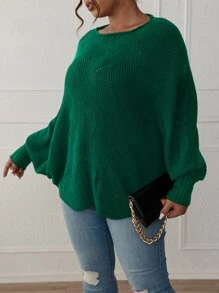 SHEIN LUNE Plus Eyelet Detail Batwing Sleeve Jumper - Dark Green - View 6