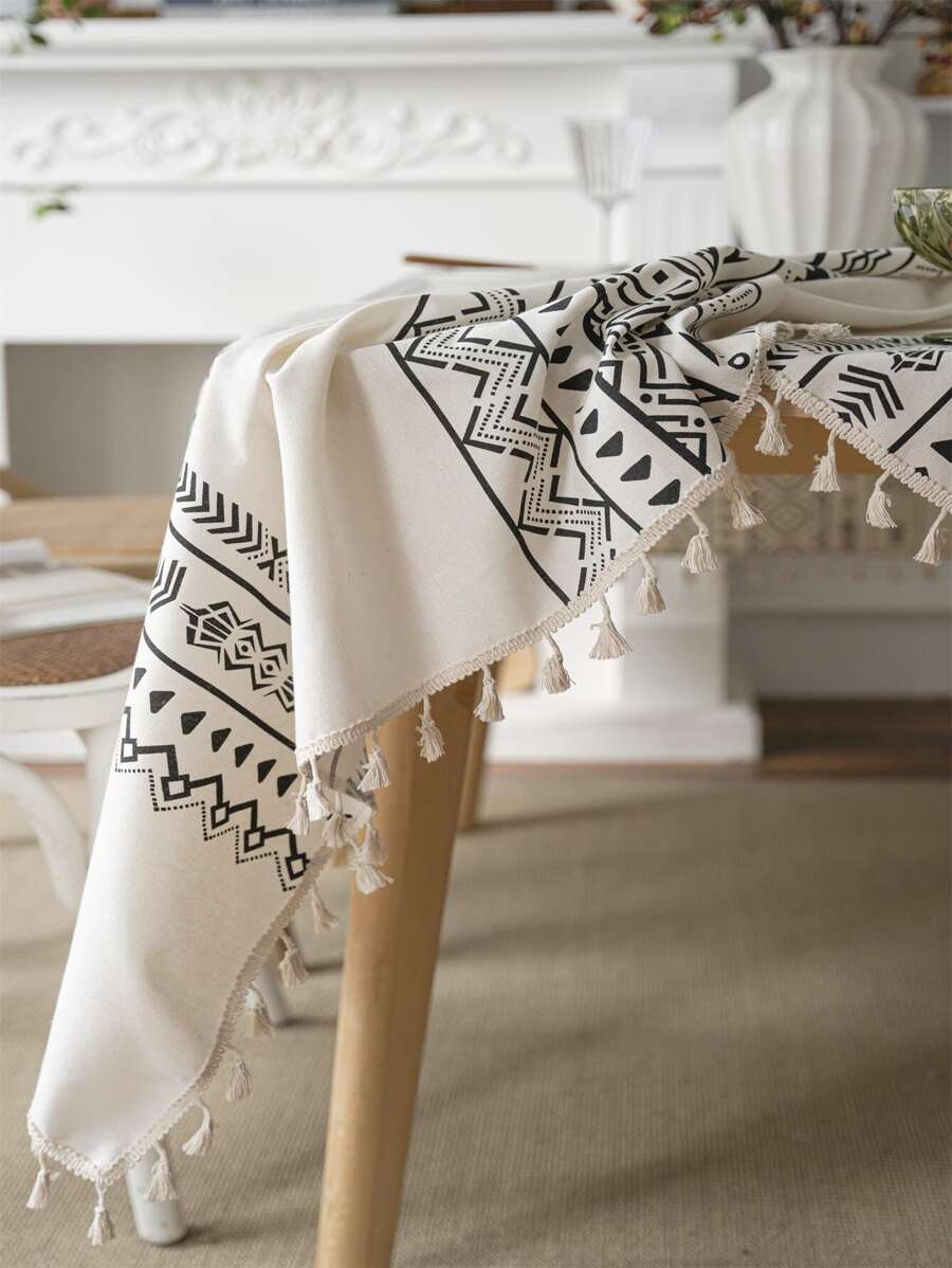 1pc Bubaba Multi-Color Geometric Pattern Beige Rectangular Tablecloth, Bohemian Retro Printed Home Decor Placemat Napkin Suitable For Bedroom, Dining Room, Kitchen, Party, All Season - Multicolor - View 1