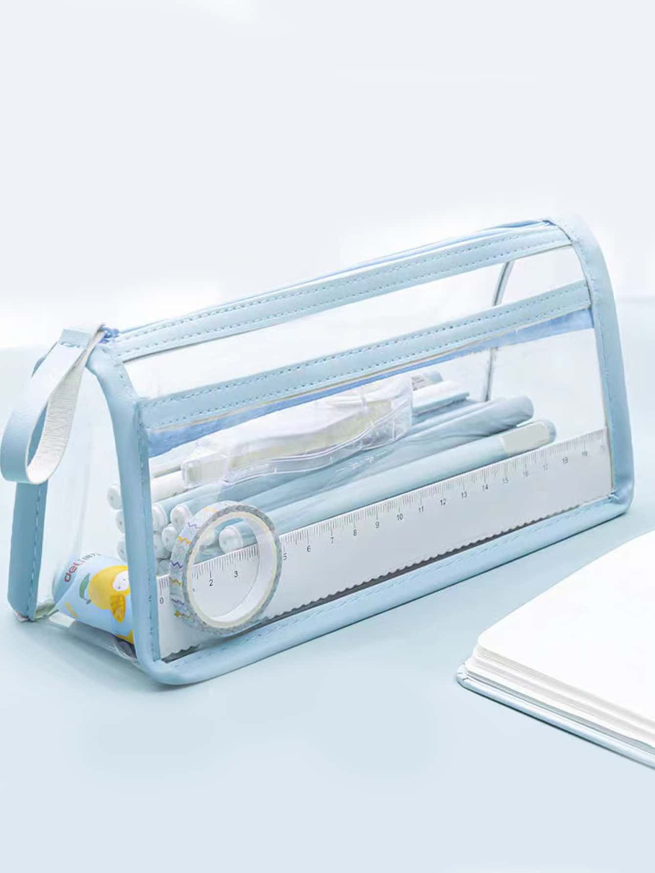 1pc Double Layer Transparent Pvc Pencil Case, Large Capacity And Highly Attractive Value - Baby Blue - View 1