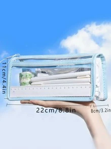 1pc Double Layer Transparent Pvc Pencil Case, Large Capacity And Highly Attractive Value - Baby Blue - View 3