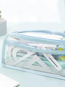 1pc Double Layer Transparent Pvc Pencil Case, Large Capacity And Highly Attractive Value - Baby Blue - View 4