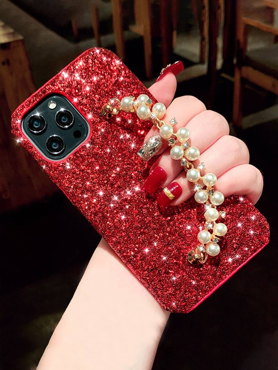 Sequin Decor Phone Case With Faux Pearl Beaded Handstrap - Red - View 1