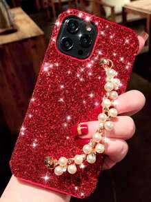Sequin Decor Phone Case With Faux Pearl Beaded Handstrap - Red - View 2