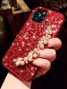 Sequin Decor Phone Case With Faux Pearl Beaded Handstrap - Red - View 4