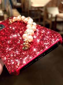 Sequin Decor Phone Case With Faux Pearl Beaded Handstrap - Red - View 5