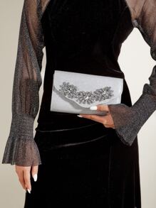 Mini Rhinestone Decor Flap Chain Glitter Square Bag - Silver - View 1