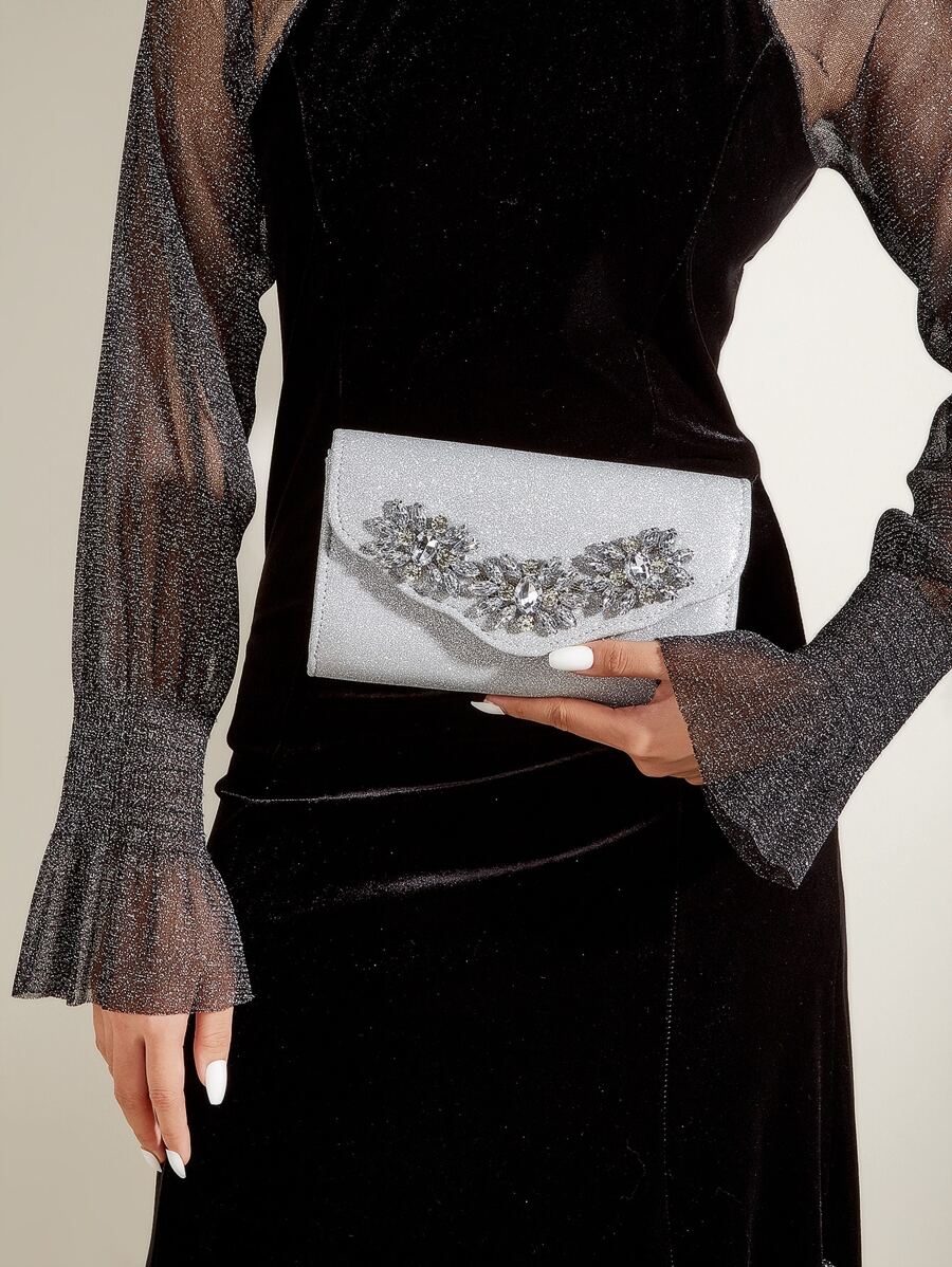 Mini Rhinestone Decor Flap Chain Glitter Square Bag - Silver - View 1