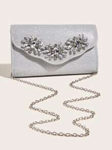 Mini Rhinestone Decor Flap Chain Glitter Square Bag - Silver - View 2