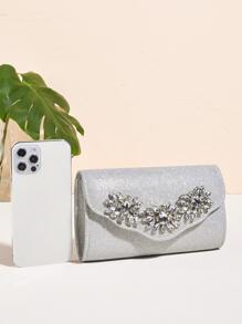 Mini Rhinestone Decor Flap Chain Glitter Square Bag - Silver - View 3