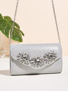 Mini Rhinestone Decor Flap Chain Glitter Square Bag - Silver - View 4