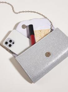 Mini Rhinestone Decor Flap Chain Glitter Square Bag - Silver - View 5