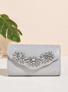 Mini Rhinestone Decor Flap Chain Glitter Square Bag - Silver - View 6