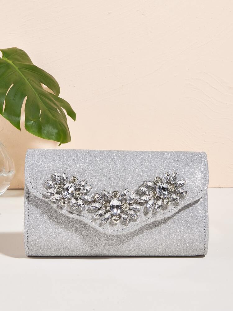 Mini Rhinestone Decor Flap Chain Glitter Square Bag - Silver - View 6