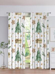2pcs Christmas Tree Print Waterproof Curtain - Multicolor - View 1