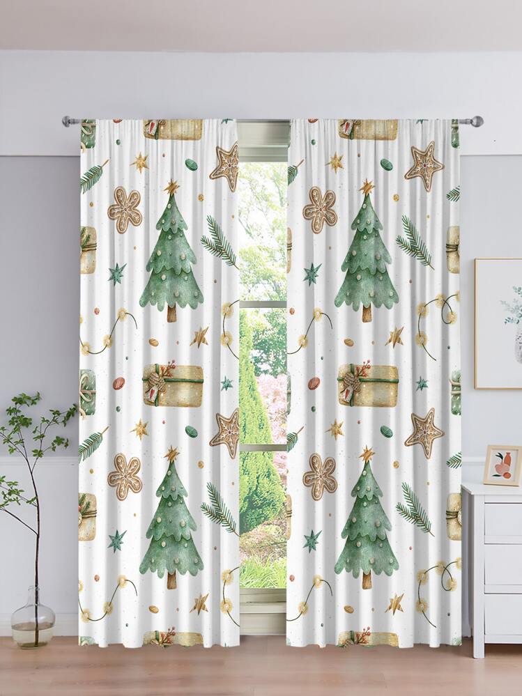 2 piezas Cortina con estampado de árbol de Navidad impermeable - Multicolor - Añade 1