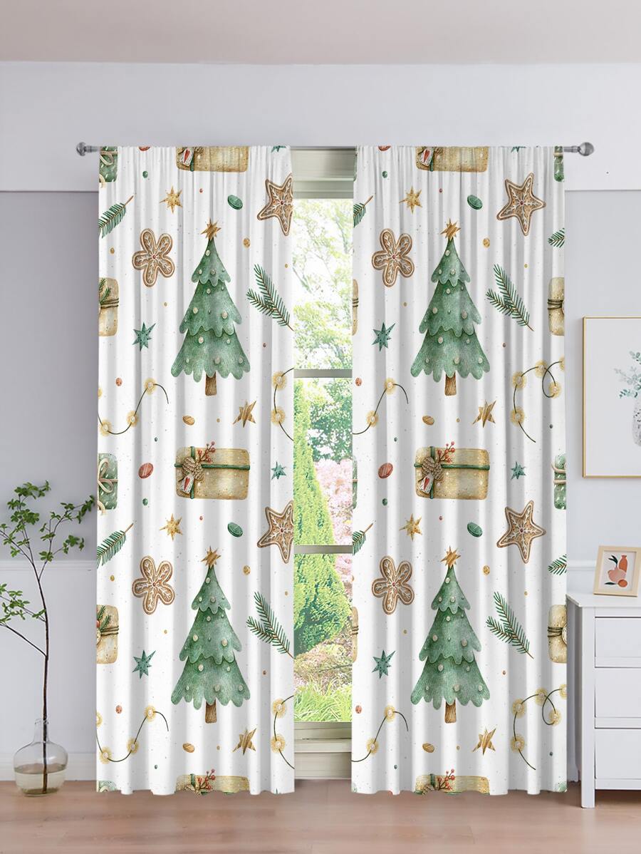 2pcs Christmas Tree Print Waterproof Curtain - Multicolor - View 1