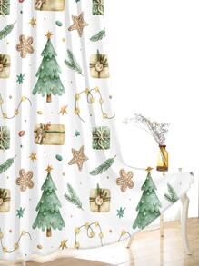 2pcs Christmas Tree Print Waterproof Curtain - Multicolor - View 2