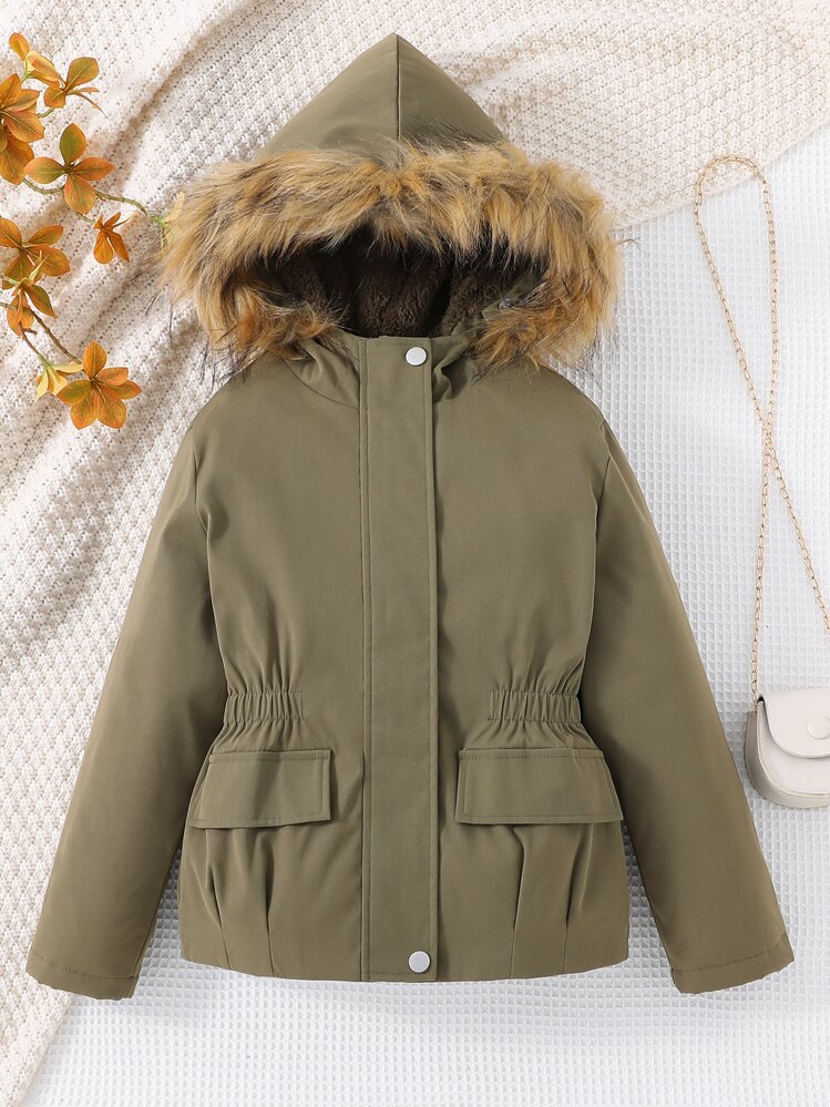 Girls Fuzzy Trim Hooded Thermal Lined Jacket - Army Green - View 1