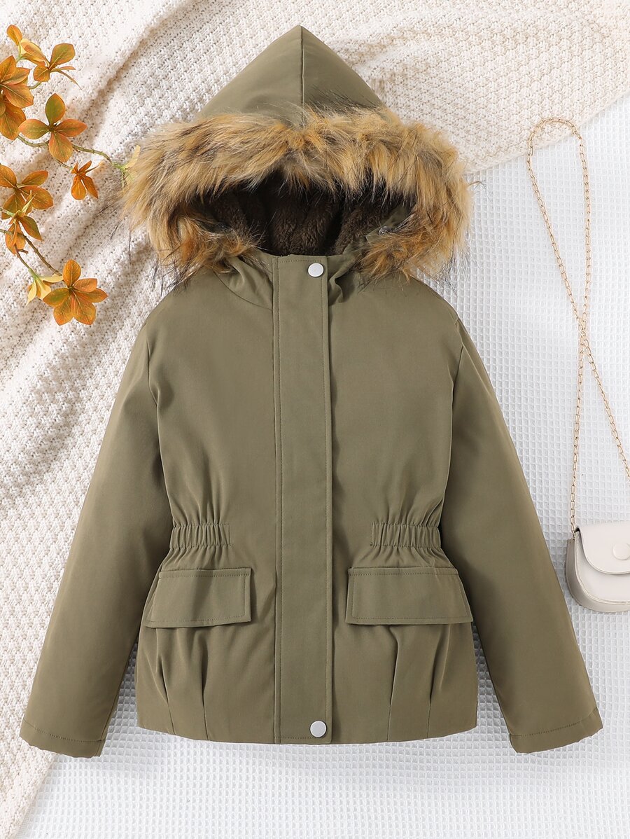 Girls Fuzzy Trim Hooded Thermal Lined Jacket - Army Green - View 1