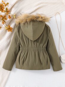 Girls Fuzzy Trim Hooded Thermal Lined Jacket - Army Green - View 2