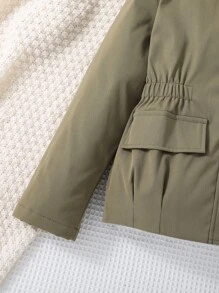 Girls Fuzzy Trim Hooded Thermal Lined Jacket - Army Green - View 5