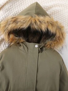Girls Fuzzy Trim Hooded Thermal Lined Jacket - Army Green - View 6
