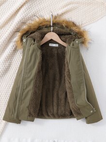 Girls Fuzzy Trim Hooded Thermal Lined Jacket - Army Green - View 7