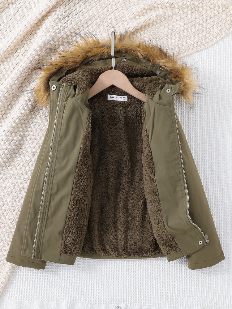 Girls Fuzzy Trim Hooded Thermal Lined Jacket - Army Green - View 7