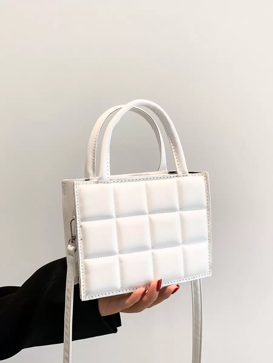 Túi vuông cầm tay mini thời trang, Túi xách nữ giải trí ca rô màu trơn mới, Túi đeo vai đa năng, Túi đeo chéo - trắng - Xem 1