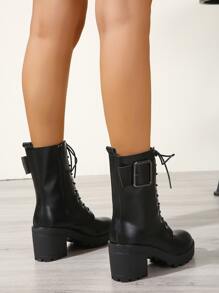 Buckle Decor Lace-up Front Zipper Side Combat Boots - Black - View 2