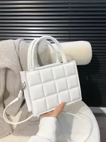 Túi vuông cầm tay mini thời trang, Túi xách nữ giải trí ca rô màu trơn mới, Túi đeo vai đa năng, Túi đeo chéo - trắng - Xem 6