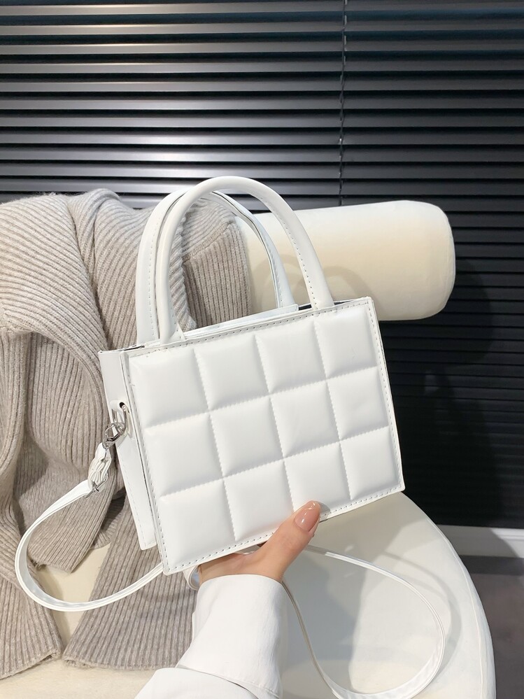 Túi vuông cầm tay mini thời trang, Túi xách nữ giải trí ca rô màu trơn mới, Túi đeo vai đa năng, Túi đeo chéo - trắng - Xem 6