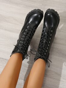 Buckle Decor Lace-up Front Zipper Side Combat Boots - Black - View 6