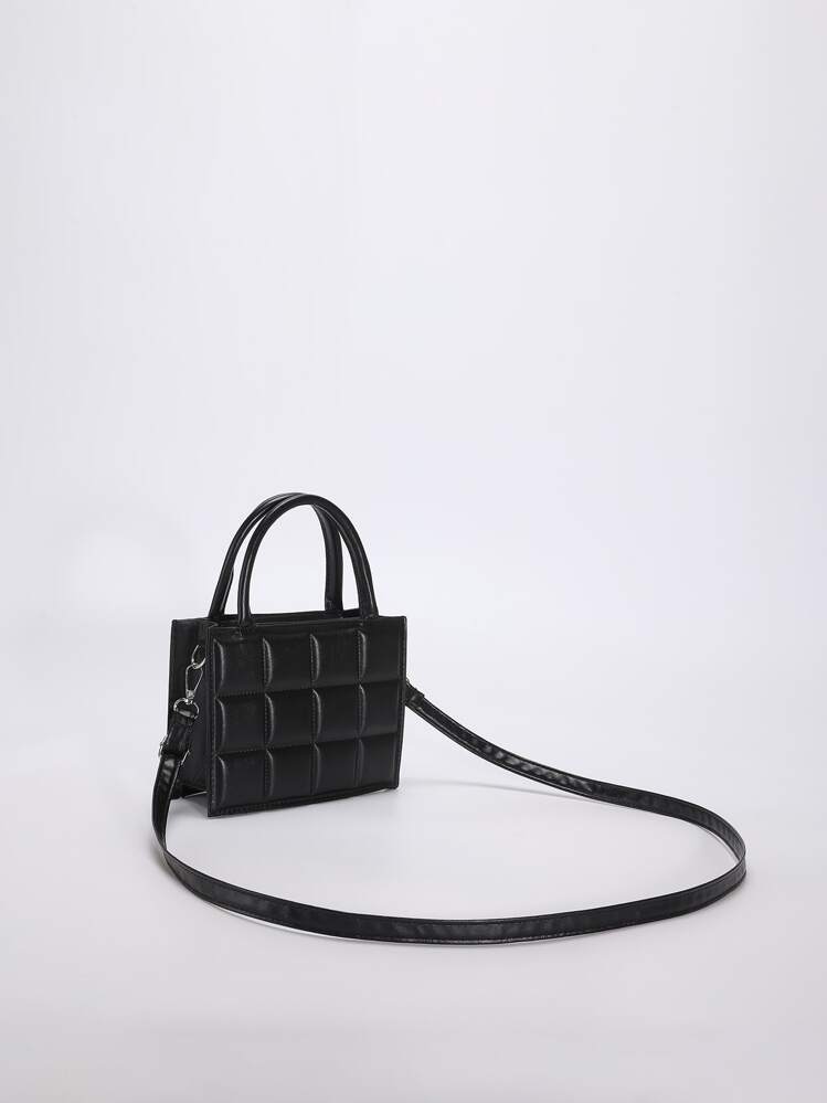 Mini Fashionable Plaid Stitching Women's Handbag, Solid Color, Casual, Multi-Purpose, Shoulder Bag, Crossbody Bag, Small Bag - Black - View 3