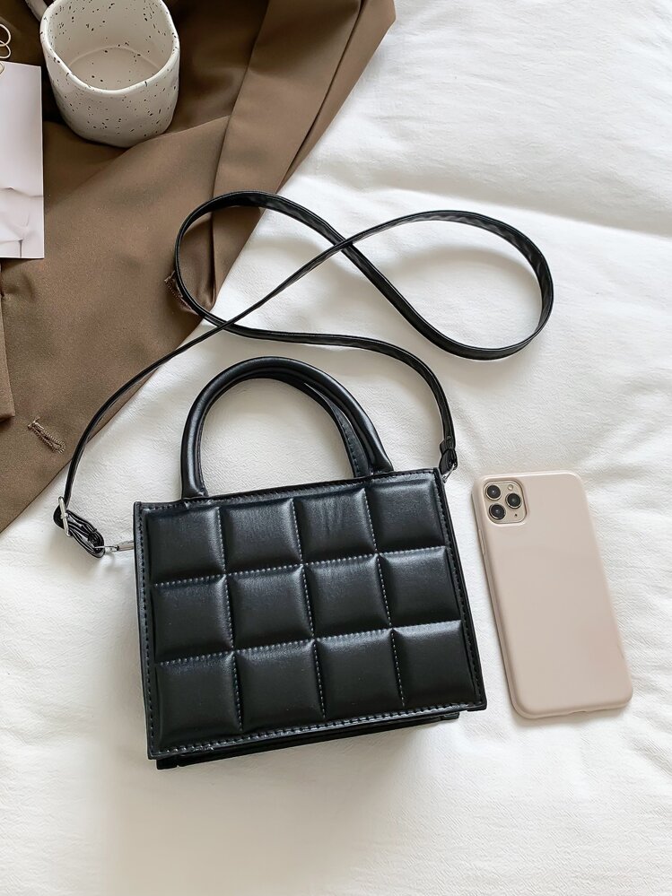 Mini Fashionable Plaid Stitching Women's Handbag, Solid Color, Casual, Multi-Purpose, Shoulder Bag, Crossbody Bag, Small Bag - Black - View 4