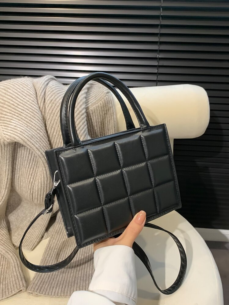 Mini Fashionable Plaid Stitching Women's Handbag, Solid Color, Casual, Multi-Purpose, Shoulder Bag, Crossbody Bag, Small Bag - Black - View 6