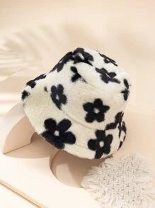 Floral Pattern Fluffy Bucket Hat - Multicolor - View 1