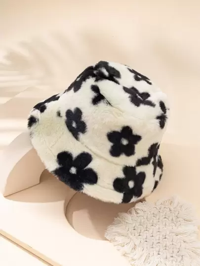 Floral Pattern Fluffy Bucket Hat