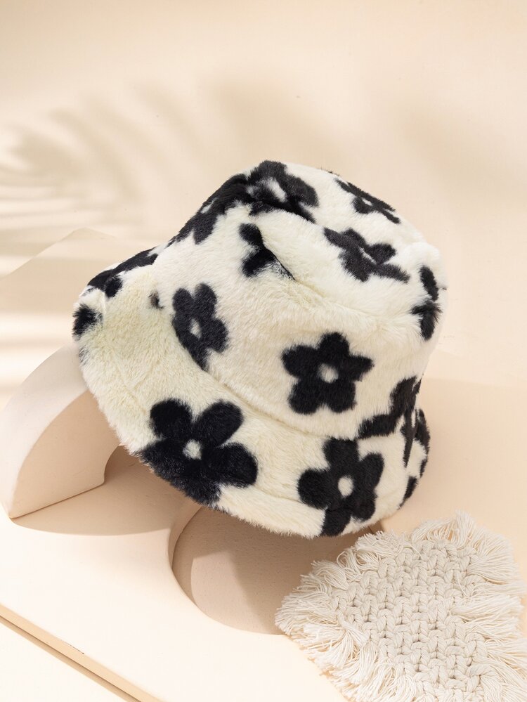 Floral Pattern Fluffy Bucket Hat - Multicolor - View 1