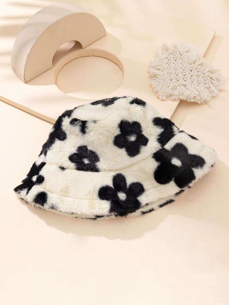 Floral Pattern Fluffy Bucket Hat - Multicolor - View 3