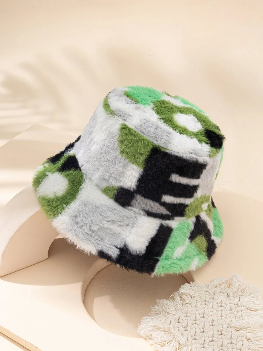 Letter Graphic Fluffy Bucket Hat - Multicolor - View 1