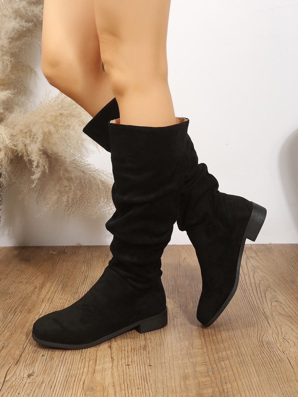 Faux Suede Minimalist Slip On Slouchy Boots