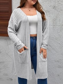 SHEIN LUNE 大碼雙口袋落肩袖開門襟外套 - 淺灰色 - 查看 1