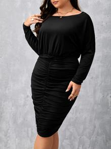 SHEIN Clasi Plus Asymmetrical Neck Ruched Bodycon Dress - Black - View 4