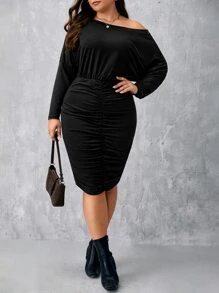 SHEIN Clasi Plus Asymmetrical Neck Ruched Bodycon Dress - Black - View 5