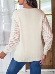 SHEIN LUNE Pointelle Knit Sleeve Jumper - Beige - View 2