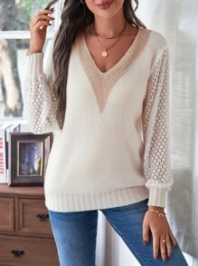 SHEIN LUNE Pointelle Knit Sleeve Jumper - Beige - View 3