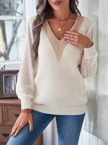 SHEIN LUNE Pointelle Knit Sleeve Jumper - Beige - View 4